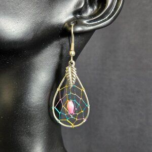 Dreamcatcher Dangle Earrings Multicolor Web Pink Bead Silver Tone Teardrop Boho